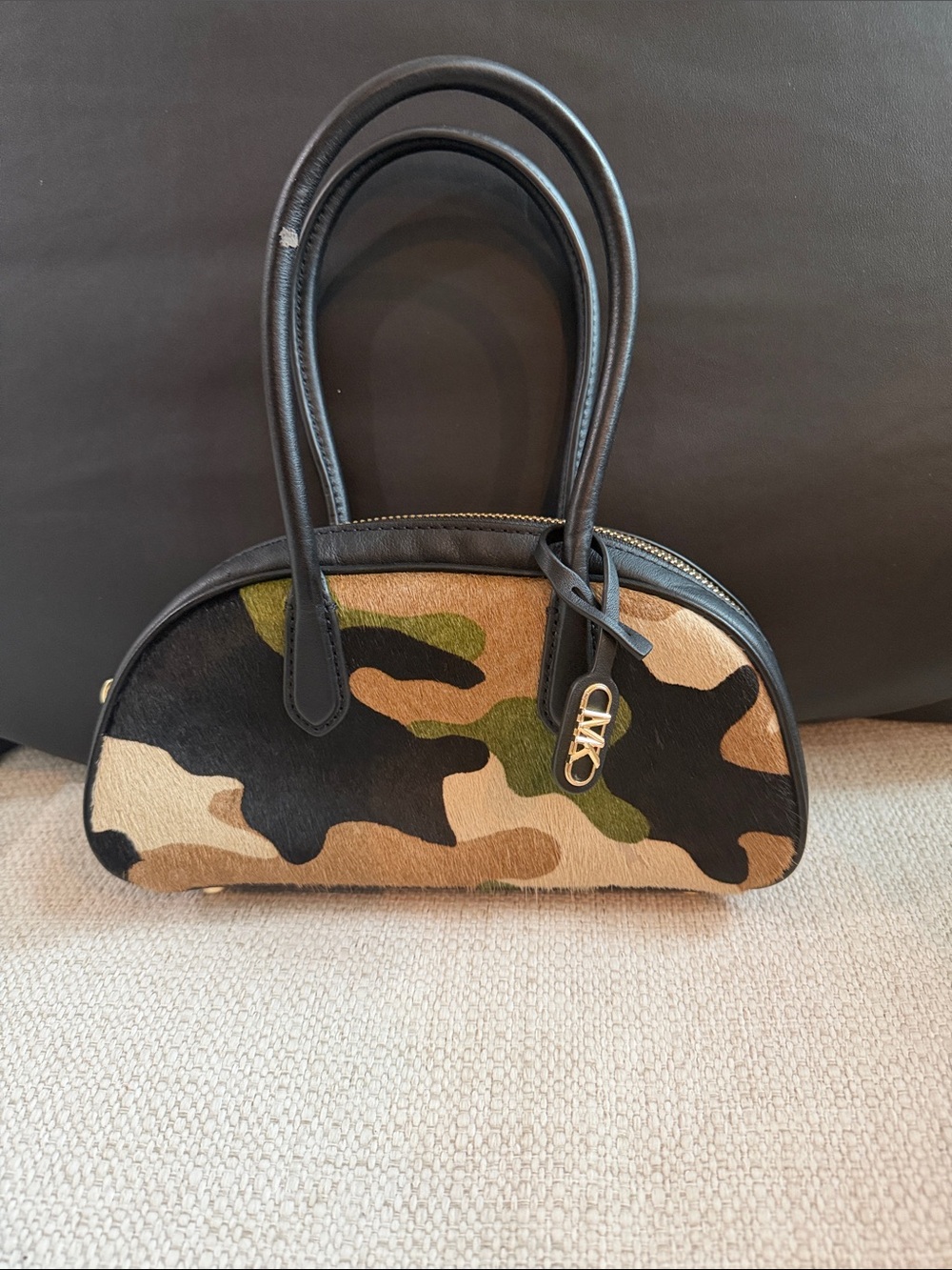 Michael Kors Camo Pony-Hair Dome Shoulder Bag in Black, Tan & Green